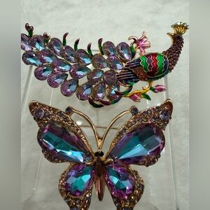 Vintage Iridescent/colorful Rhinestone Butterfly & Peacock Statement Brooch Set